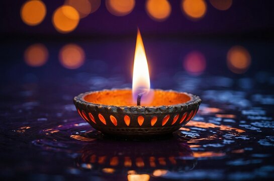 Close-up of a lit diya, traditional Indian oil lamp, on a dark purple blurry bokeh background. Peaceful serene candle burning flame. Diyo, deya, deeya, dia, divaa, deepa, deepam, deep, deepak, saaki.