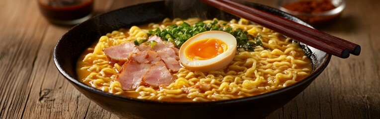Steaming Japanese Ramen Bowl with Traditional Toppings