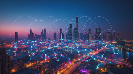 Fototapeta premium Smart digital Innovation city with connection network reciprocity over the cityscape. of future smart wireless digital city and social media networking systems that connects people with in city