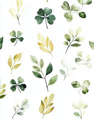 Elegant Watercolor Leaves and Clovers Pattern on a Light Background Ideal for Nature-Themed Projects, Textiles, and Creative Designs