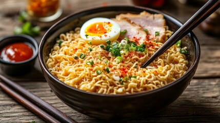 Steaming Japanese Ramen Bowl with Traditional Toppings
