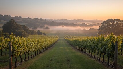 Naklejka premium Misty sunrise over vineyard rows.