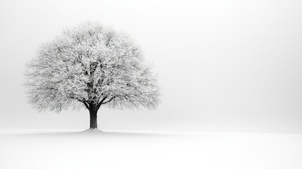 Obraz premium A solitary tree covered in snow in a minimalistic winter landscape.