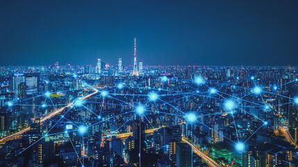 Fototapeta premium Smart digital Innovation city with connection network reciprocity over the cityscape. of future smart wireless digital city and social media networking systems that connects people with in city