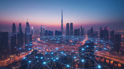 Fototapeta premium Smart digital Innovation city with connection network reciprocity over the cityscape. of future smart wireless digital city and social media networking systems that connects people with in city