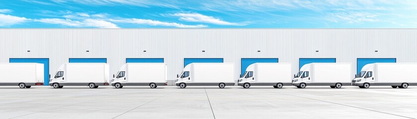 Row of White Delivery Trucks Against Modern Warehouse Background