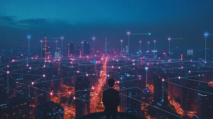 Obraz premium Smart digital Innovation city with connection network reciprocity over the cityscape. of future smart wireless digital city and social media networking systems that connects people with in city
