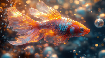 Fototapeta premium The neon fish glides smoothly, its glistening tail and fins encircled by 3D sparkling spheres in shades of white, lavender, mint, and sunny yellow, radiating a magical glow.