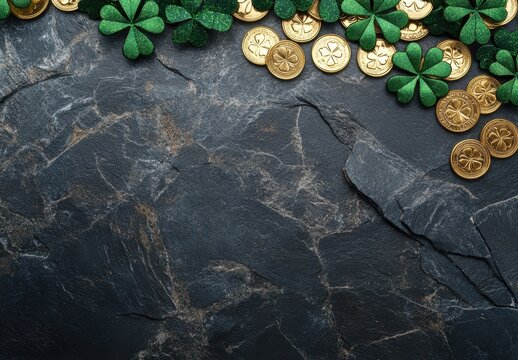 Festive Background with Green Shamrocks and Gold Coins on Dark Stone Surface for Celebrations and Events Related to Luck and Prosperity