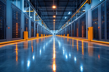 Server Racks and Cabinets full of Hard Drives inside Large Data Center. Advanced Cloud Computing Concept.
