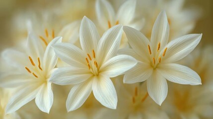Fototapeta premium Close-up of delicate creamy white flowers with orange centers.