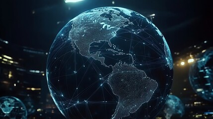 Stunning Futuristic 3D Render: Globally Connected Earth at Night. AI Generated