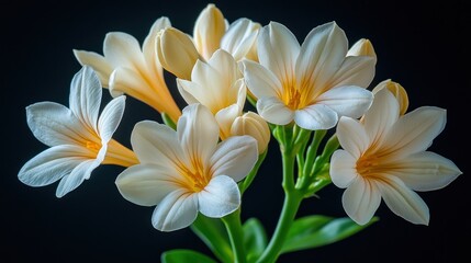 Close-up of delicate, creamy-white flowers with yellow centers against a black background.