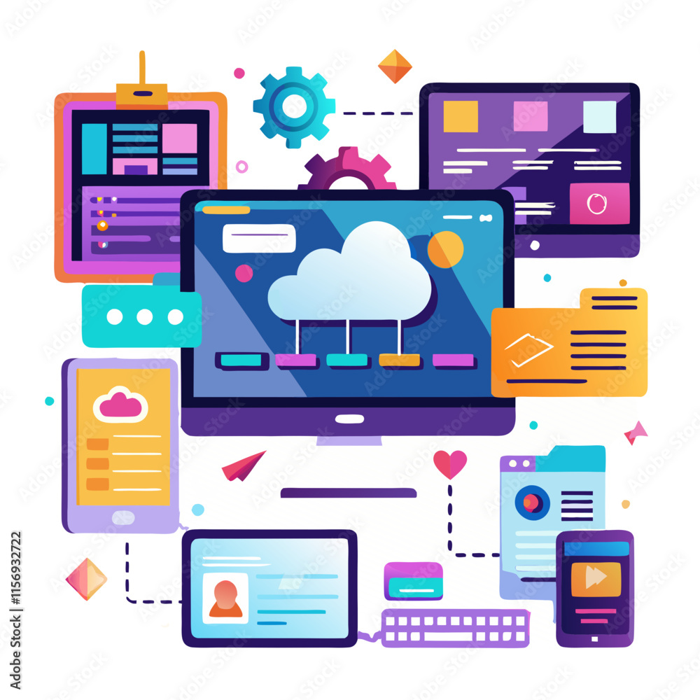 Poster vibrant digital interface showcasing interconnected screens and cloud computing concepts in a modern