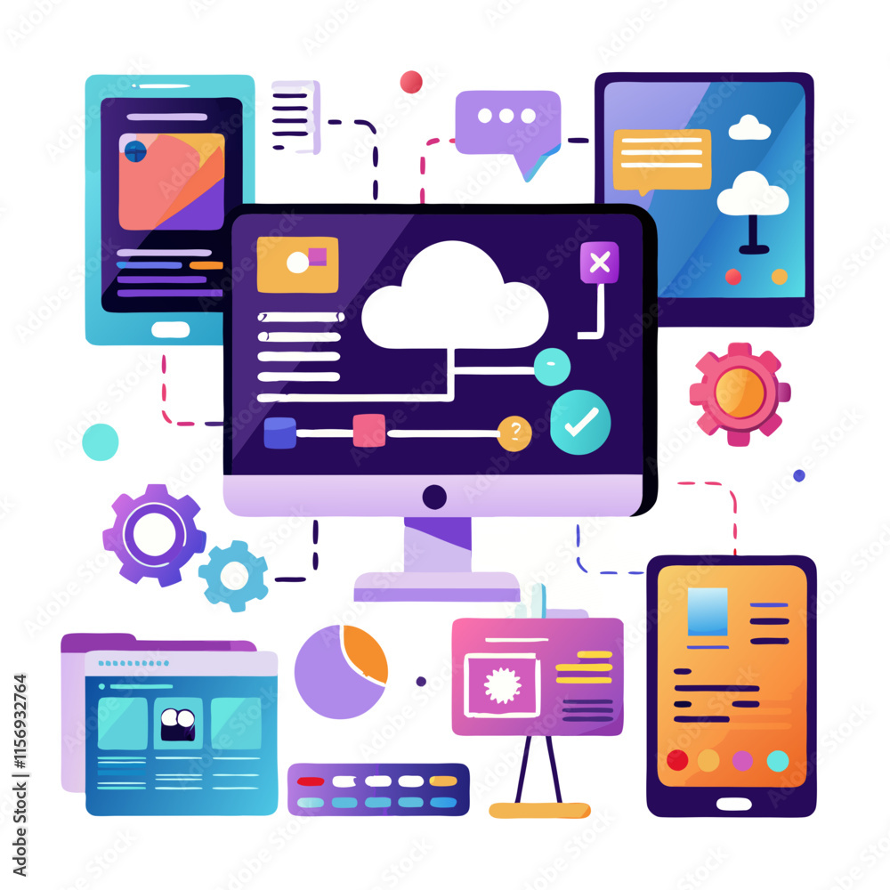 Poster Digital screens display vibrant modern interfaces for various applications and cloud services in a tech-focused environment