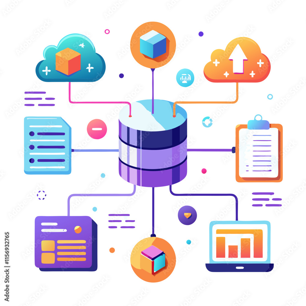 Poster digital transformation represented by glowing data connecting cloud storage and analytics tools
