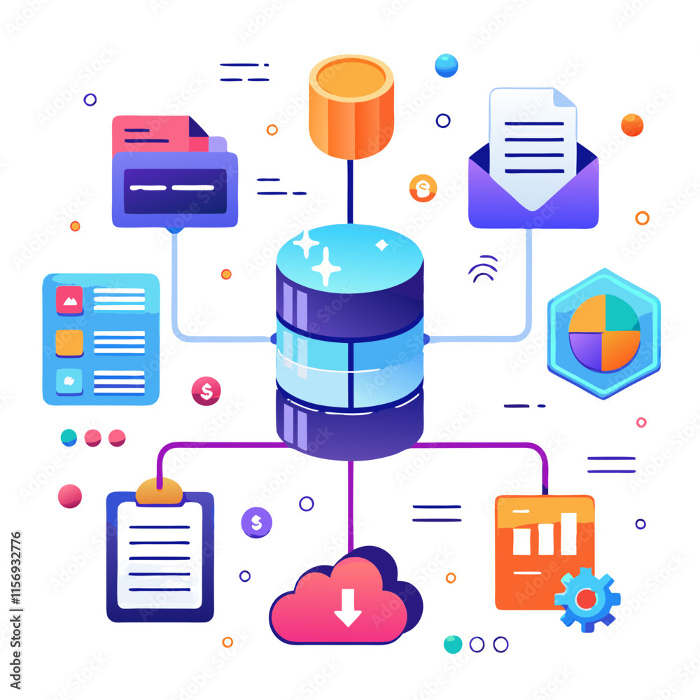Poster digital transformation depicted through glowing data elements and connections interlinking various d