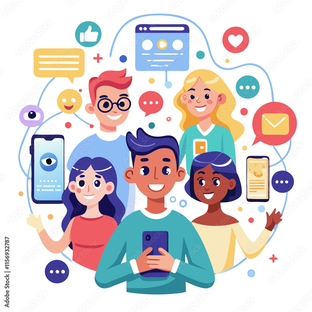 Poster diverse users joyfully engaging with mobile apps in a vibrant and interactive digital environment