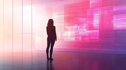 Fototapeta premium Woman silhouetted against a large, vibrant, abstract digital display.