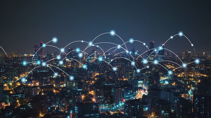 Obraz premium Smart digital Innovation city with connection network reciprocity over the cityscape. of future smart wireless digital city and social media networking systems that connects people with in city