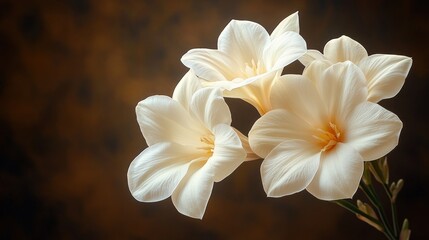 Close-up of elegant cream-colored flowers against a dark brown background.