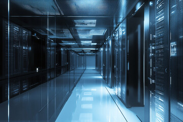 Server Racks and Cabinets full of Hard Drives inside Large Data Center. Advanced Cloud Computing Concept.
