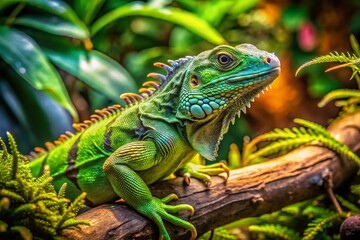 Fototapeta premium Green Iguana Lizard in Terrarium - Exotic Reptile Close-Up