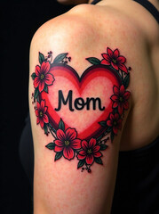Red heart shaped tattoo with flowers with text 'MOM' on person's arm