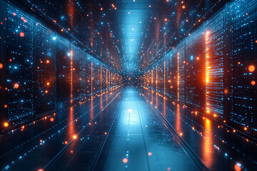 Server Racks and Cabinets full of Hard Drives inside Large Data Center. Advanced Cloud Computing Concept.
