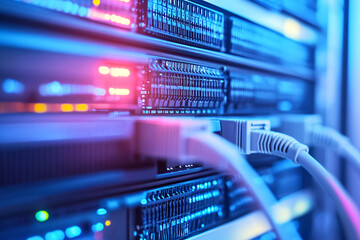 Server Racks and Cabinets full of Hard Drives inside Large Data Center. Advanced Cloud Computing Concept.
