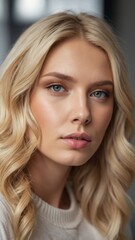Naklejka premium Expressive portrait of a young woman with wavy blonde hair and striking blue eyes