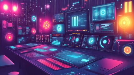 Futuristic control room with glowing screens displaying data. (4)