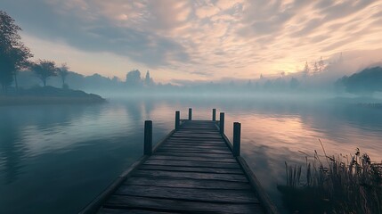 Fototapeta premium Tranquil wooden pier extending over a serene lake at sunrise, perfect for peaceful escapes.