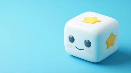 Happy Cube Emoji 3D Render Blue Background Stars Smiley Face Cute Positive Feedback