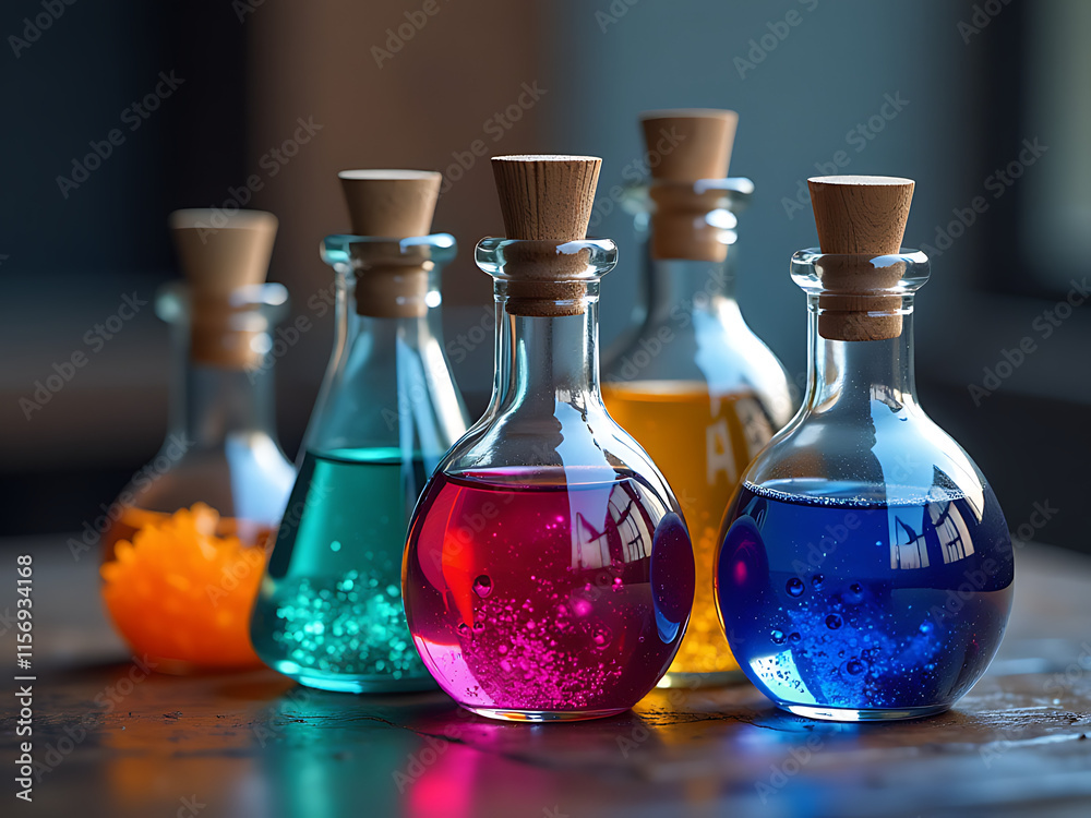Aufkleber Vibrant Glass Bottles Filled With Colorful Magic Potions Sit On A Blurred Background, Created Using Artificial Intelligence Generative Techniques. 00002