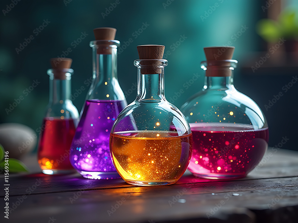 Poster Vibrant Glass Bottles Filled With Colorful Magic Potions Sit On A Blurred Background, Created Using Artificial Intelligence Generative Techniques. 00001