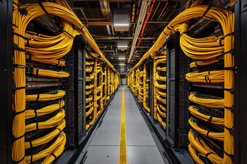 Server Racks and Cabinets full of Hard Drives inside Large Data Center. Advanced Cloud Computing Concept.
