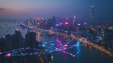 Fototapeta premium Smart digital Innovation city with connection network reciprocity over the cityscape. of future smart wireless digital city and social media networking systems that connects people with in city