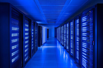 Fototapeta premium Server Racks and Cabinets full of Hard Drives inside Large Data Center. Advanced Cloud Computing Concept. 
