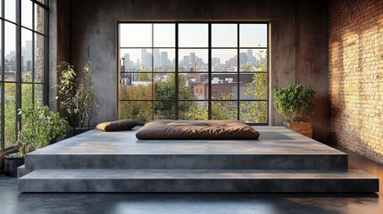 Modern loft apartment with large windows, city view, and raised platform with cushions.