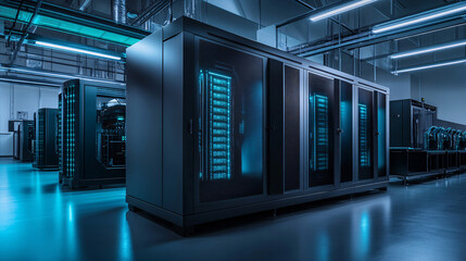 Fototapeta premium Server Racks and Cabinets full of Hard Drives inside Large Data Center. Advanced Cloud Computing Concept. 