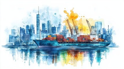 Obraz premium Vibrant Watercolor Illustration of Cargo Ship and City Skyline