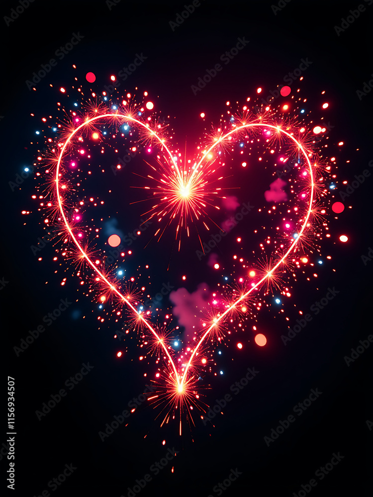Poster Vibrant Fireworks In Heart Shape Explode Against A Black Background, Creating A Stunning Visual Display Of Color And Light Effect. 00001