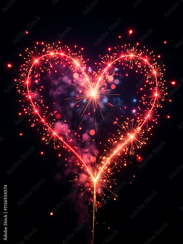 Poster Vibrant Fireworks In Heart Shape Explode Against A Black Background, Creating A Stunning Visual Display Of Color And Light Effect. 00002