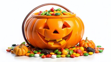 Halloween Candy Bucket: Jack-o'-Lantern Collector Overflowing with Sweet Treats on White