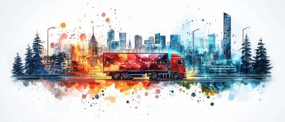 Obraz premium Vibrant Truck Transportation Across City Skyline with Abstract Art