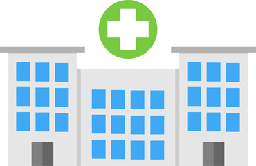 Obraz premium Stylized hospital building with three sections and blue square windows, central section taller and wider. Green circle with white cross above, symbolizing healthcare or medical facility. 