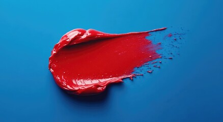 Red lipstick smudge isolated on a blue background, close-up