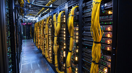 Server Racks and Cabinets full of Hard Drives inside Large Data Center. Advanced Cloud Computing Concept.
