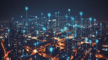 Smart digital Innovation city with connection network reciprocity over the cityscape. of future smart wireless digital city and social media networking systems that connects people with in city